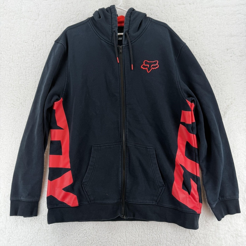 Fox Racing Hoodie Mens‎ 2XL Black Red Full Zip Fleece Motocross Sweatshirt VTG